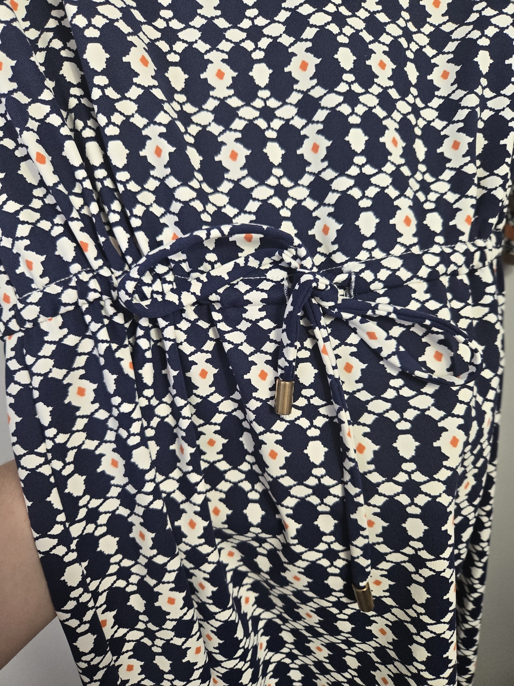 J.McLaughlin Catalina Cloth Navy Geometric 3/4 Sleeve Waist Tie Dress Size Large - Picture 5 of 7